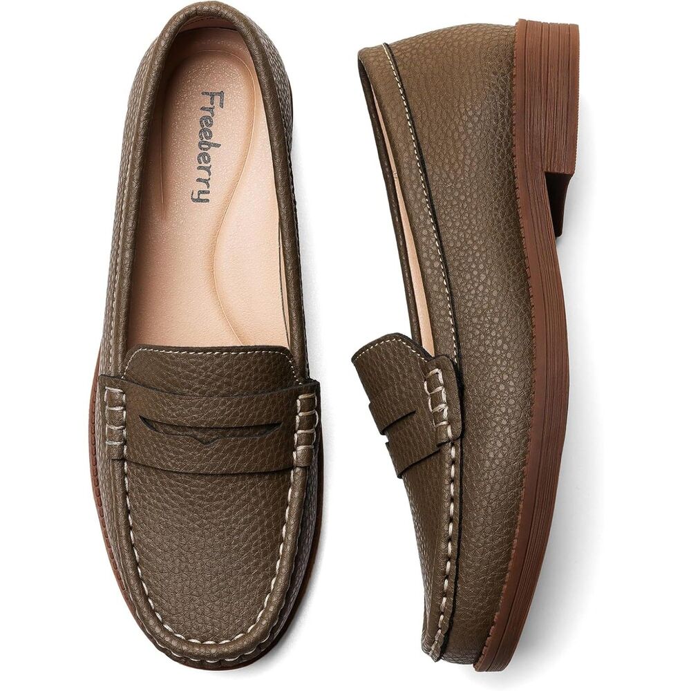 Women's Leather Penny Loafers Slip On Comfort Flats Khaki, Size 9.5